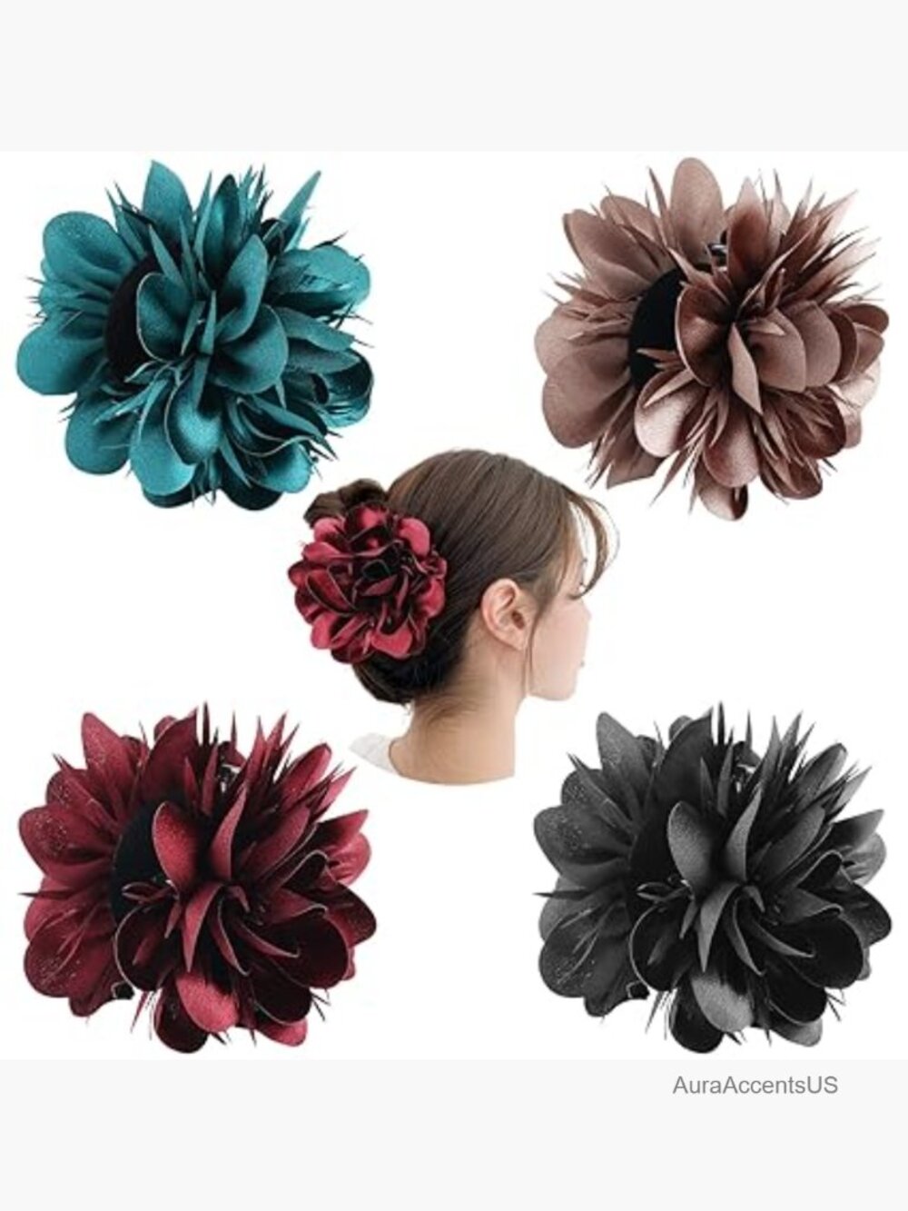 4 Pack Large Satin Rose Flower Hair Claw Clips for Thick Hair Bun Updo